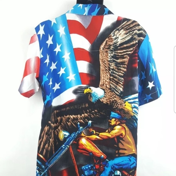 Motorcycle Flag Eagle Short Sleeve Button Front - Picture 3 of 4